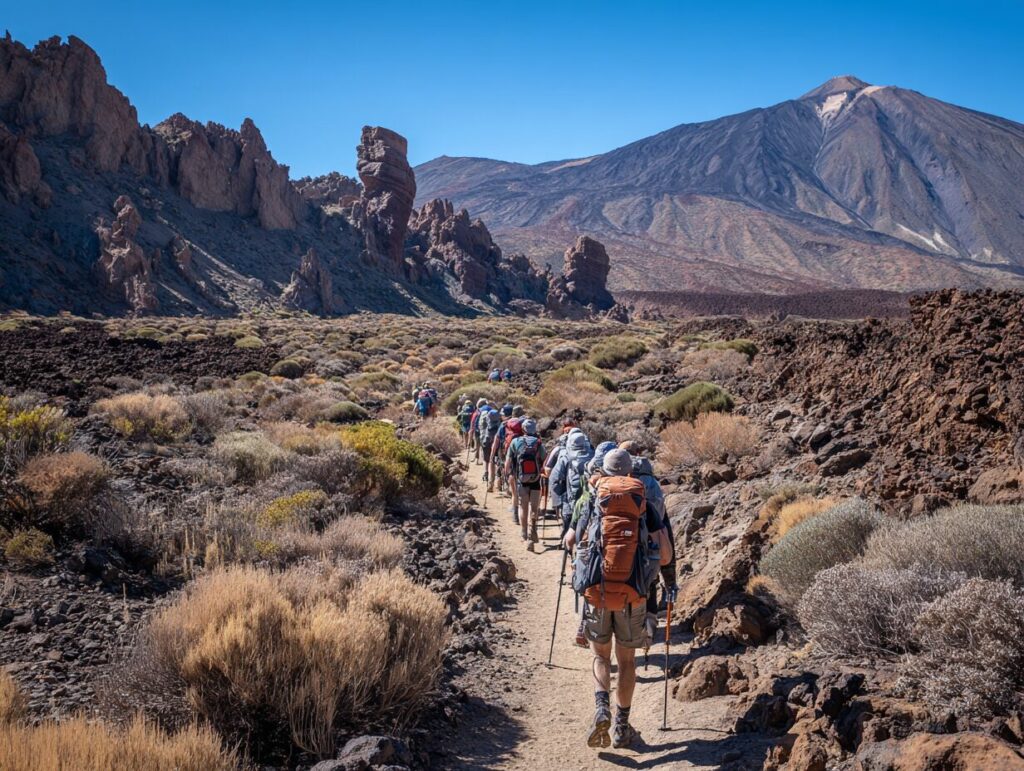 Groupe de randonneurs en itinérance randonnant dans le parc national du Teide