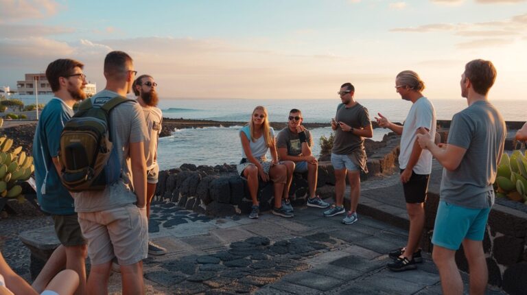 Groupe en train de discuter autour de piscines naturelles à Tenerife